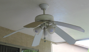 A white ceiling fan with lights installed on a patio ceiling by Albritton Electrical Service, Inc. in Tallahassee, FL.