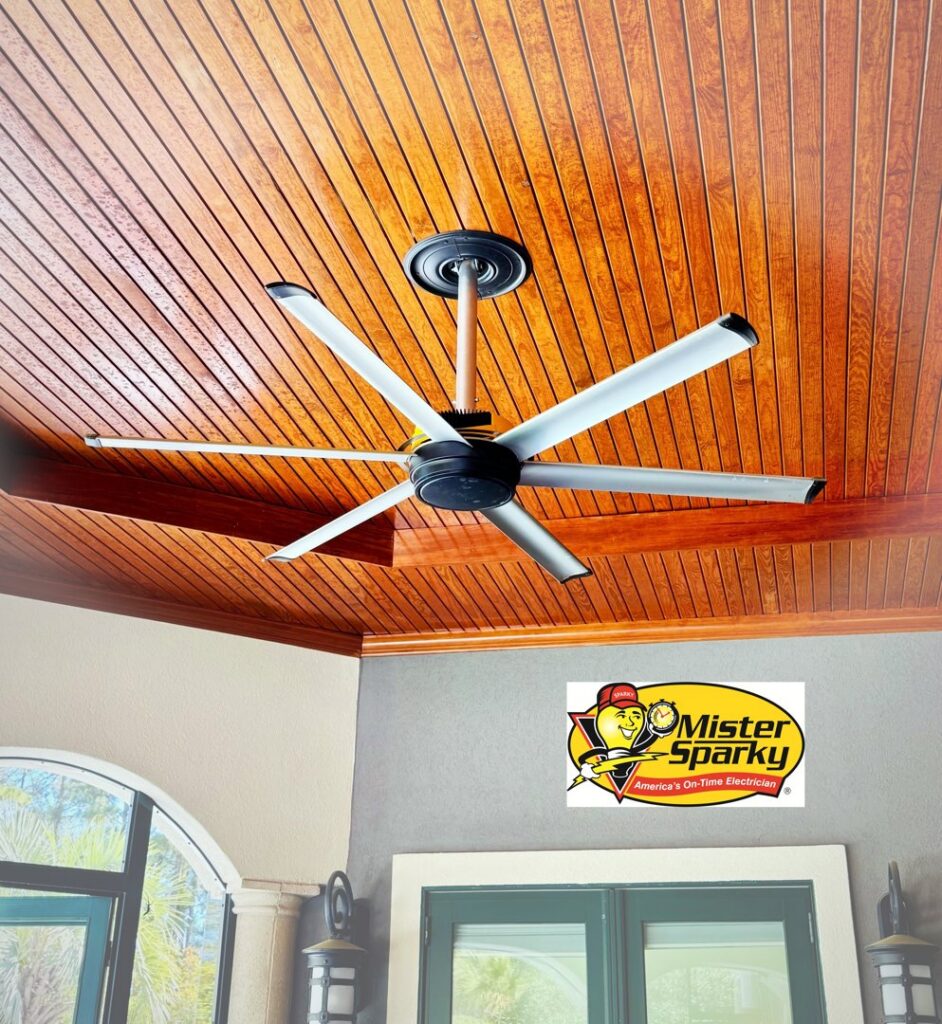 A modern ceiling fan expertly installed on a wooden ceiling by Mister Sparky of Columbia in West Columbia, SC.