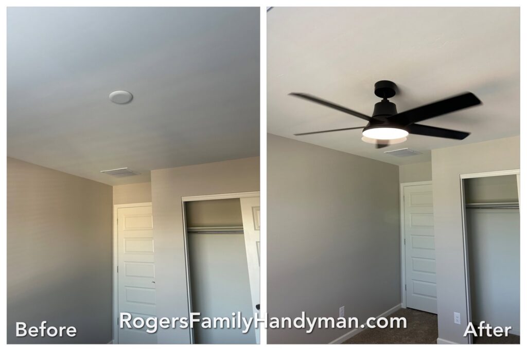 Before and after of a new ceiling fan installation by Rogers Family Handyman in Chandler, AZ