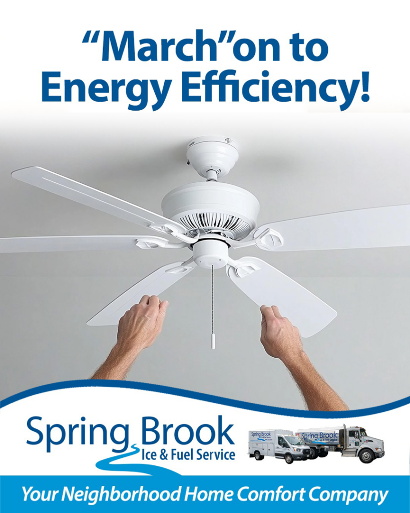 Hands installing a white ceiling fan as part of ventilation services by Spring Brook Ice & Fuel Service in New Britain, CT.