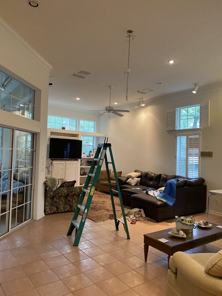A ladder set up for ceiling fan and light fixture installation by Crawford Electric Services, LLC in Kings Mountain, NC.