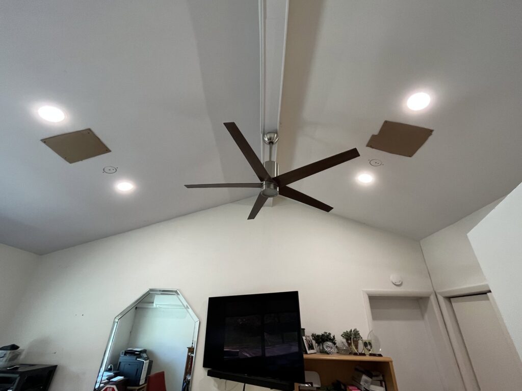 Ceiling fan and recessed lighting installation in a room by Oak Electric LLC in Waterford, MI.