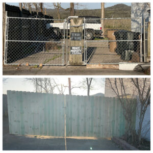 A comparison image showing a chain-link fence with a wooden gate and a solid wooden privacy fence by Fenceworks of Middle Tennessee in Nashville, TN.