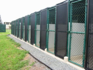 A row of chain-link dog kennels and enclosures built by David's Fencing Inc. in Waipahu, HI.