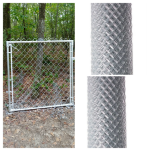 A newly installed chain-link fence gate and rolls of fencing material by Jen and Vince and the PreOwned Fence in Augusta, GA.