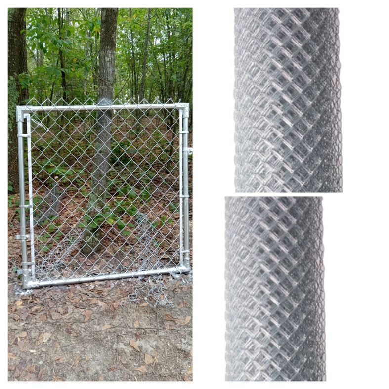 A newly installed chain-link fence gate and rolls of fencing material by Jen and Vince and the PreOwned Fence in Augusta, GA.