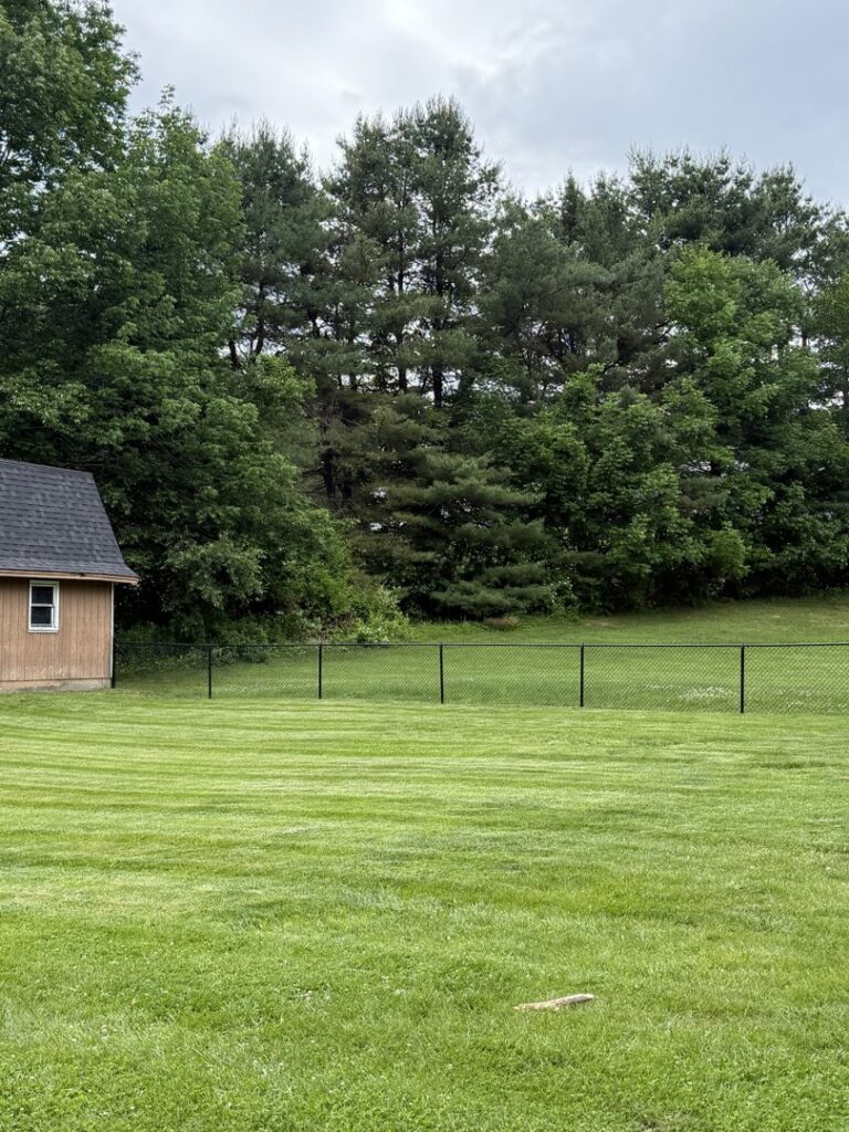 A black chain-link fence enclosing a large, well-maintained backyard with a shed, installed by Triple P Fence in Augusta, ME.