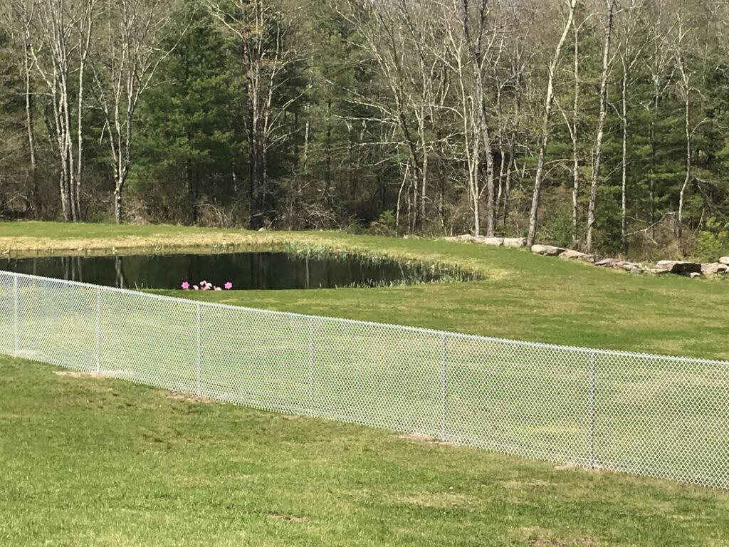 A chain-link fence installed along a grassy area next to a pond by The Fence Dr. in Scranton, PA.
