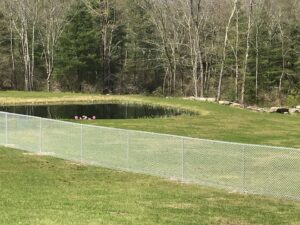 A chain-link fence installed along a grassy area next to a pond by The Fence Dr. in Scranton, PA.