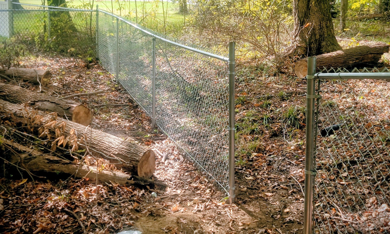 A completed chain-link fence in a wooded area with cut logs by B&L Fence Co in Youngstown, OH.