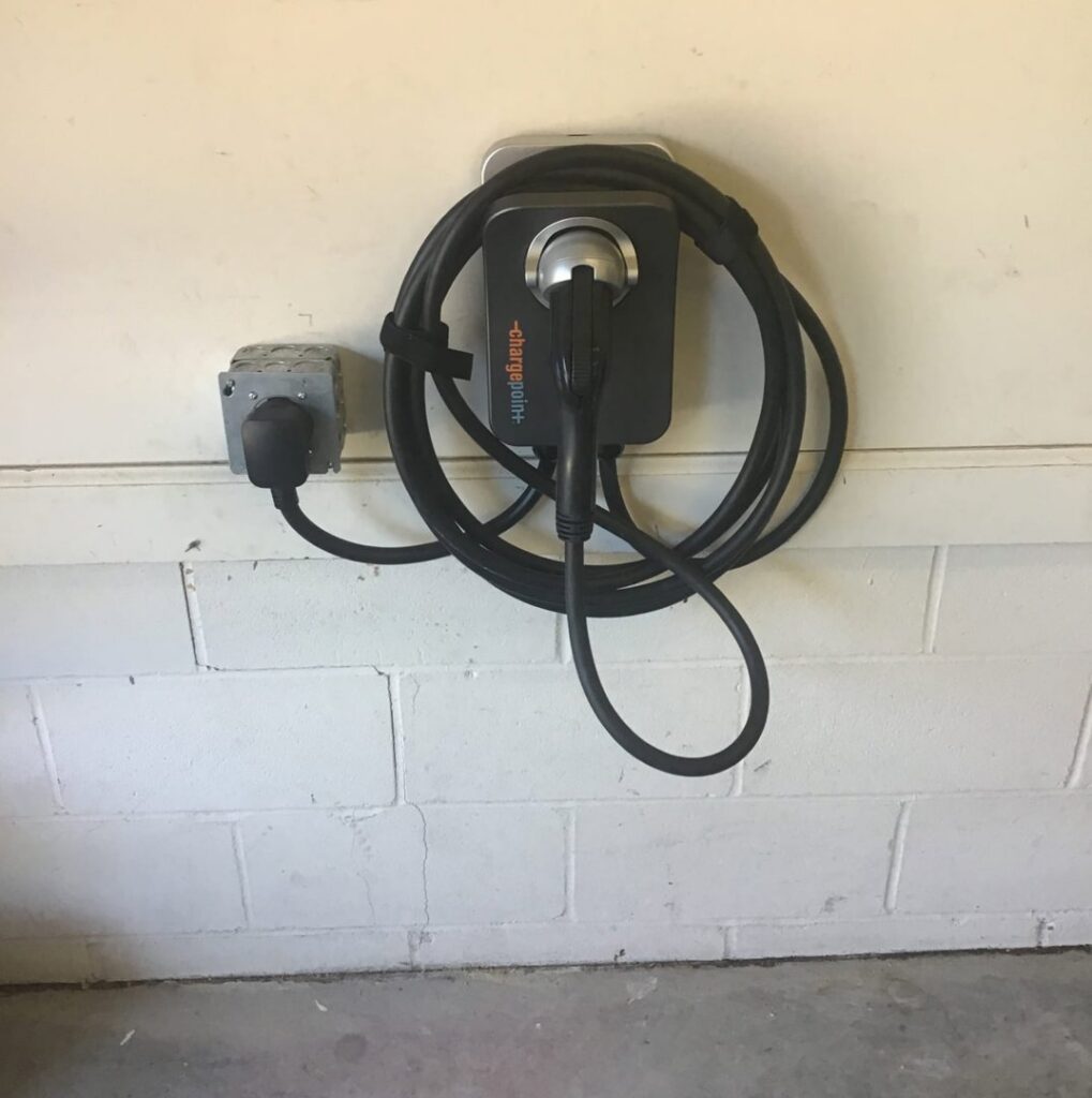 A ChargePoint electric vehicle charger installed on a wall by Mister Sparky of Columbia in West Columbia, SC.