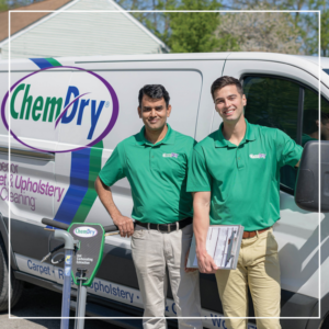 Two ChemDry technicians with their branded van and cleaning equipment from ChemDry of Calcasieu in Lake Charles, LA.