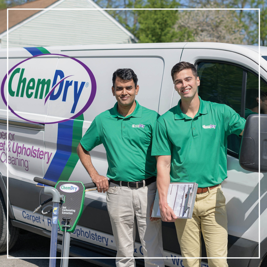 Two ChemDry technicians with their branded van and cleaning equipment from ChemDry of Calcasieu in Lake Charles, LA.