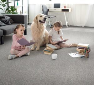 Two children and a golden retriever dog playing on a soft grey carpet installed by Thornton Flooring - Rapid City in Rapid City, SD