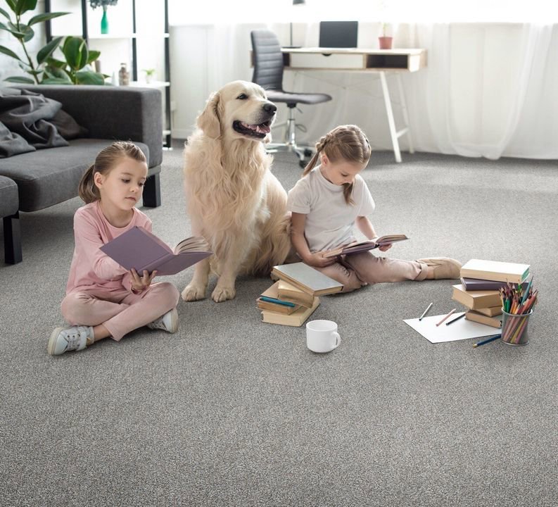 Two children and a golden retriever dog playing on a soft grey carpet installed by Thornton Flooring - Rapid City in Rapid City, SD