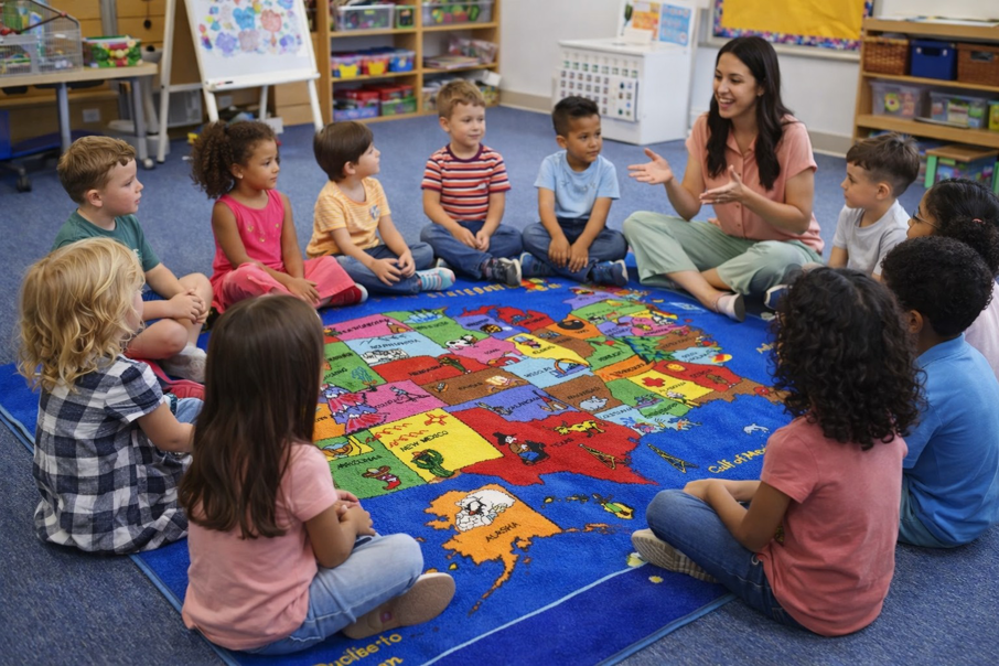 Children and a teacher learning on a colorful map-themed carpet in a classroom by Conexxo Kids Carpets in Miami, FL.