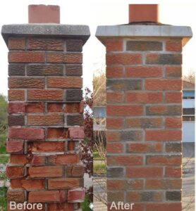Before and after comparison of a brick chimney repair, showing significant restoration work by A Step Above Chimney & Siding in Wichita, KS.