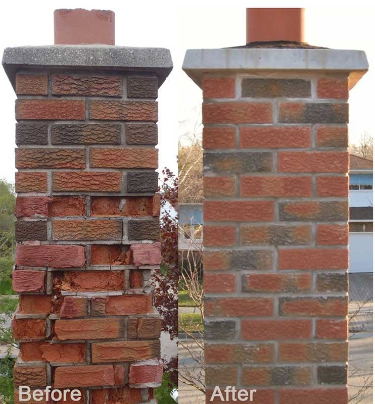 Before and after comparison of a brick chimney repair, showing significant restoration work by A Step Above Chimney & Siding in Wichita, KS.