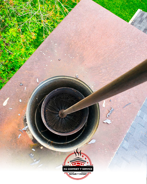 A chimney brush cleaning a flue from a top-down perspective, performed by F.G Chimney & Service Repair & Sweep in Baltimore, MD.