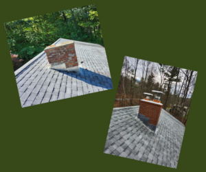Before and after of a chimney on a roof with a new cap and cleaned brick by Argus Chimney Sweep, LLC in Bennington, VT.