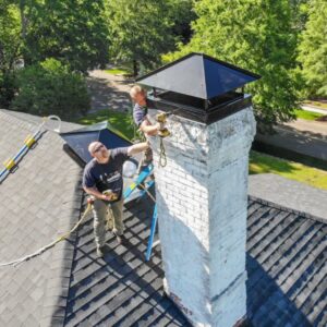 Two workers on a roof installing or repairing a chimney cap for Professional Fireplaces and Chimney Sweeps in Huntsville, AL.
