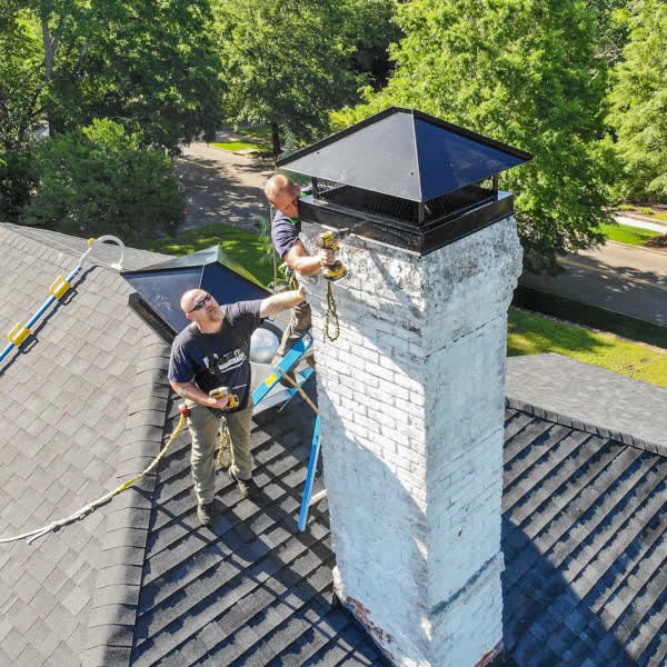 Two workers on a roof installing or repairing a chimney cap for Professional Fireplaces and Chimney Sweeps in Huntsville, AL.
