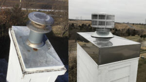 Before and after comparison of a chimney cap replacement by Full Service Chimney in Overland Park, KS