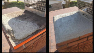 Before and after of a chimney crown repair by Clean Sweep Chimney Service in Saint Charles, MO.