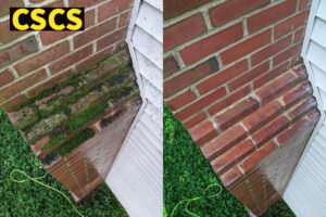 Before and after of a brick chimney exterior cleaning by Clean Sweep Chimney Service in Saint Charles, MO.
