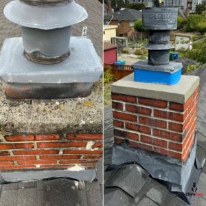 Before and after comparison of a chimney exterior, showing professional repair and restoration by Chimney Care experts in Doraville, GA.