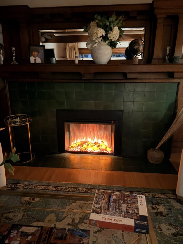 A top-down view into a chimney flue showing a metal liner and mesh cap, inspected by Fireplace Freddie in Shadow Hills, CA.