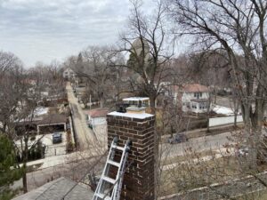 A ladder leaning against a chimney, ready for inspection or exclusion work by Stellar Wildlife Solutions in Cottage Grove, MN.