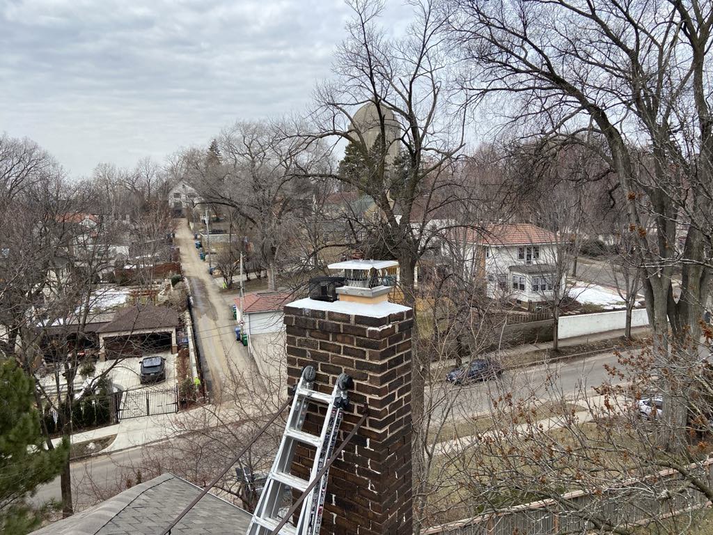 A ladder leaning against a chimney, ready for inspection or exclusion work by Stellar Wildlife Solutions in Cottage Grove, MN.