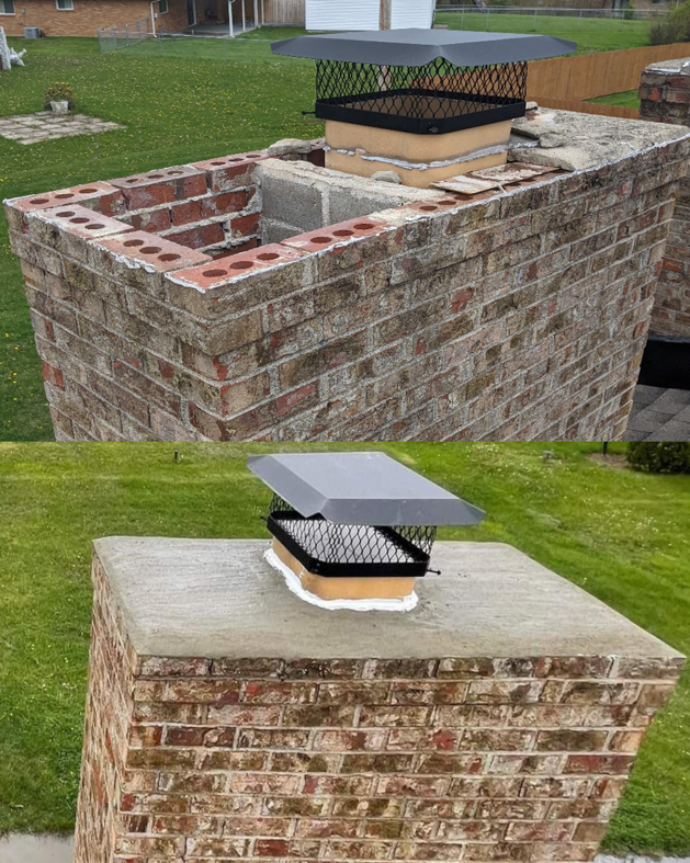Before and after of a chimney rebuild and new cap installation by Clean Sweep Chimney Service in Saint Charles, MO.