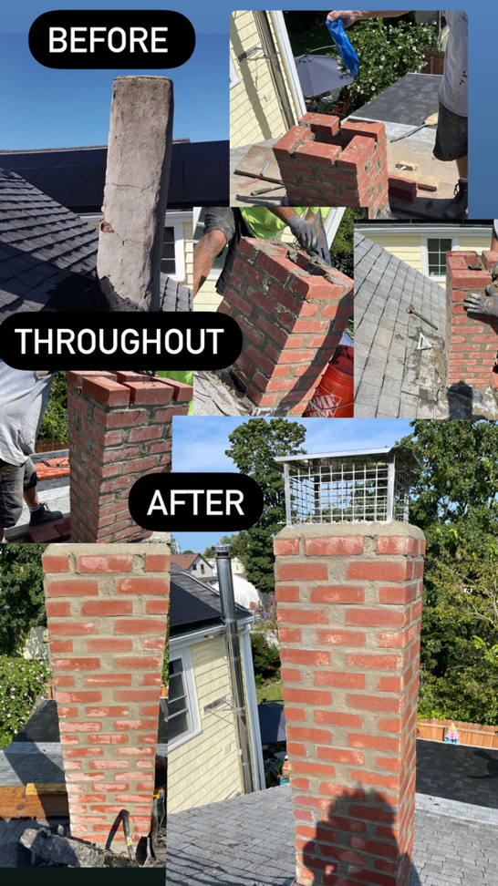 A before, throughout, and after collage showing a complete chimney rebuild by Elite Home Solutions in Warwick, RI.