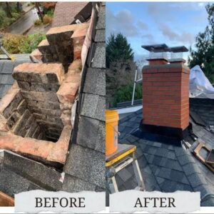 A chimney repair worker on a roof with chimney components, performing HVAC services for Five Star Chimney Repair in Hillsboro, OR.