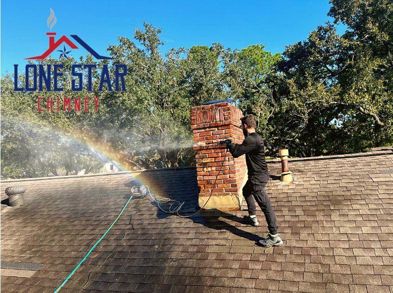 A collage showing chimney repair and installation work, including a lift and new cap, by Lone Star Chimney in Houston, TX.