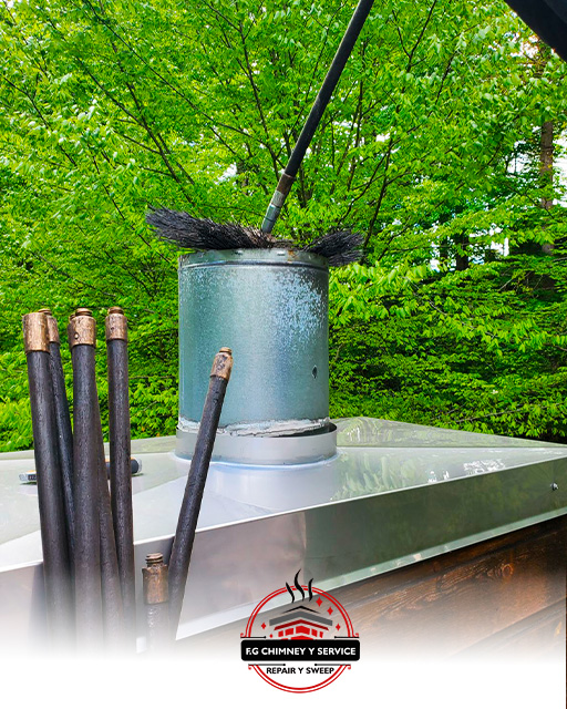A chimney sweep brush cleaning a metal flue, with chimney rods nearby, by F.G Chimney & Service Repair & Sweep in Baltimore, MD.