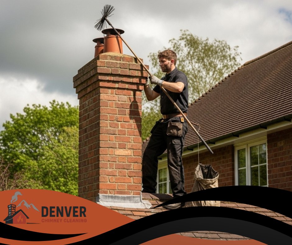 A professional chimney sweep cleaning a chimney on a roof for Denver Chimney Sweep in Denver, CO.