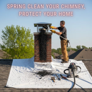 A chimney sweep cleaning creosote from a brick chimney on a roof for Juniata Chimney Inspection And Repair in Wilmington, NC.
