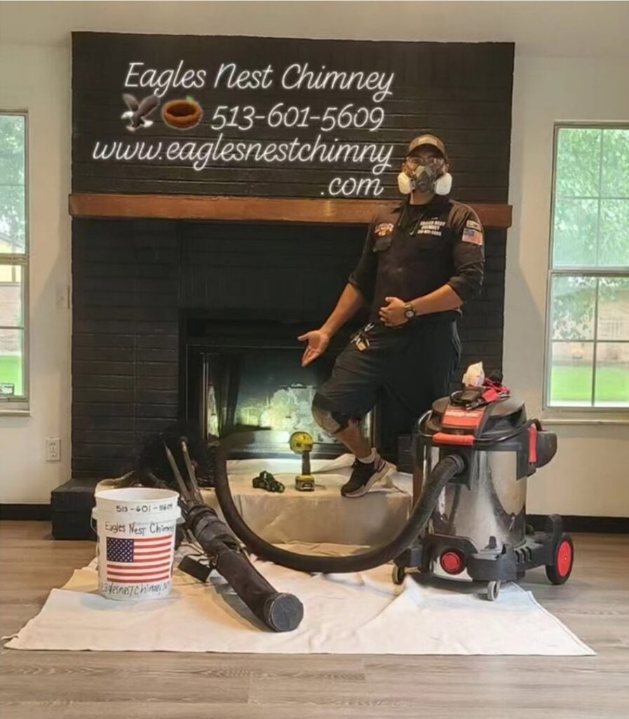 A chimney sweep technician from Eagles Nest Chimney Services and more of Cincinnati LLC cleaning a residential fireplace in Cincinnati, OH.