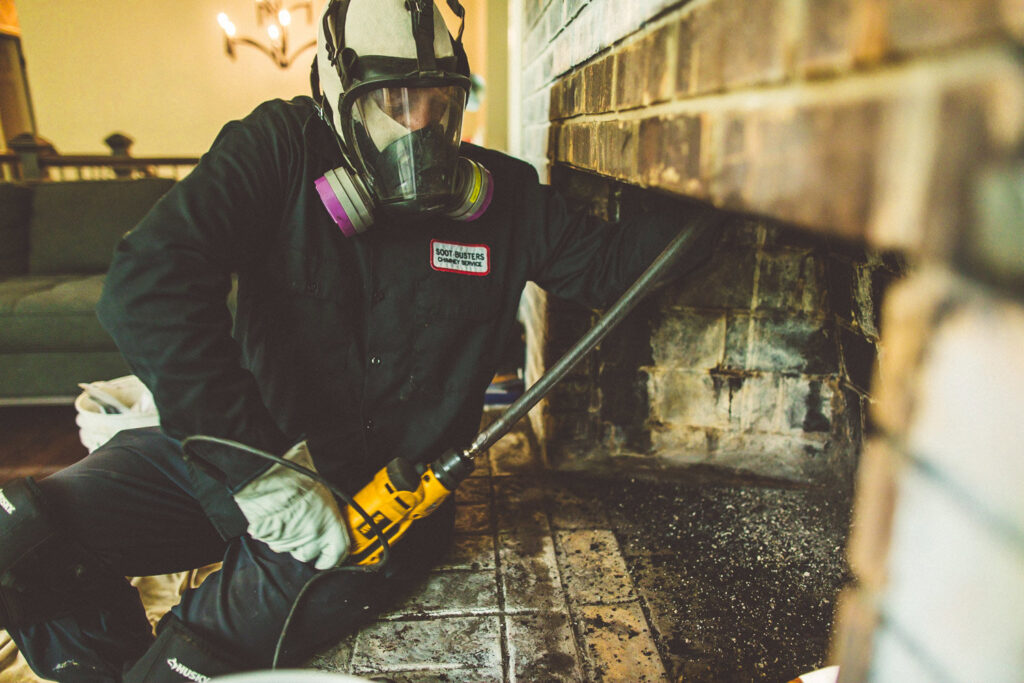 A chimney sweep from Soot Busters in a respirator, thoroughly cleaning the interior of a fireplace in Birmingham, AL.