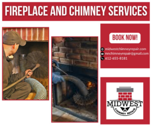 A professional chimney sweep cleaning a fireplace flue at Midwest Chimney Repair in Maple Lake, MN.