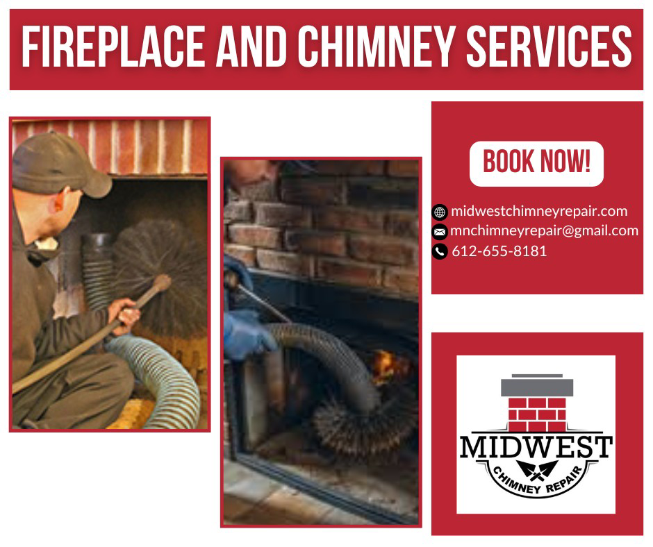 A professional chimney sweep cleaning a fireplace flue at Midwest Chimney Repair in Maple Lake, MN.