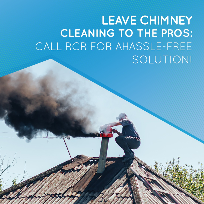 A professional chimney sweep cleaning a chimney on a roof, with smoke coming out, by RCR Home Services in Stamford, CT.