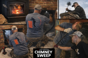 A collage showing Soot Masters Chimney Service LLC professionals performing various chimney sweep tasks in Jackson, MS.