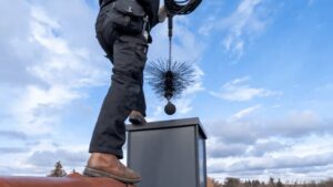 A chimney sweep lowering a brush into a flue during a cleaning service by Royal Chimney's in Blue Ash, OH.