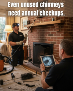 Two technicians performing a chimney inspection and cleaning service for Juniata Chimney Inspection And Repair in Wilmington, NC.