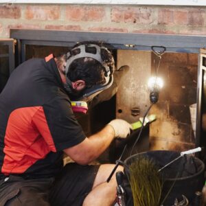 A chimney sweep technician from Owens Chimney Systems cleaning the interior of a fireplace in Charlotte, NC.