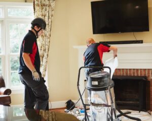 Two chimney sweep technicians from Owens Chimney Systems using a specialized vacuum to clean a fireplace area in Charlotte, NC.